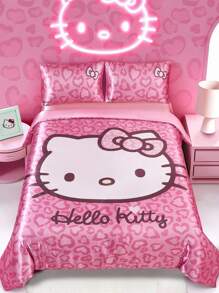 HELLO KITTY AND FRIENDS | SHEIN 3 件套粉色猫咪印花床上用品套装，缎纹面料，柔软凉爽，多种尺寸可选，适用于单人床/双人床/大床/特大床，适合房间装饰