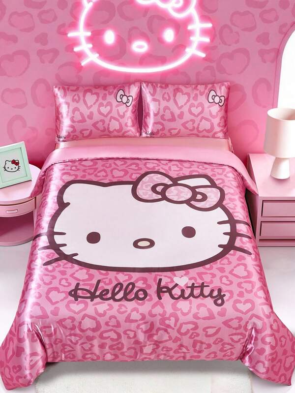 HELLO KITTY AND FRIENDS | SHEIN 3pcs Cat Print Pink Bedding Set, Sateen Fabric, Soft And Cooling, Multiple Sizes Available For Single/Double/Queen/King Bed For Room Decor