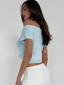 Aloruh 简约优雅露肩纹理针织修身腰女式T恤 - 淺藍色 - 查看 7