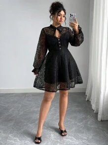 Elenzga Đầm dự tiệc dài tay ren thanh lịch cỡ lớn dành cho nữ - màu đen - Xem 7