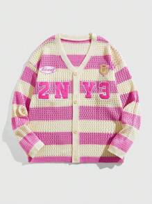 ROMWE MEN Prep Cárdigan holgado para hombre con rayas de contraste y bordado