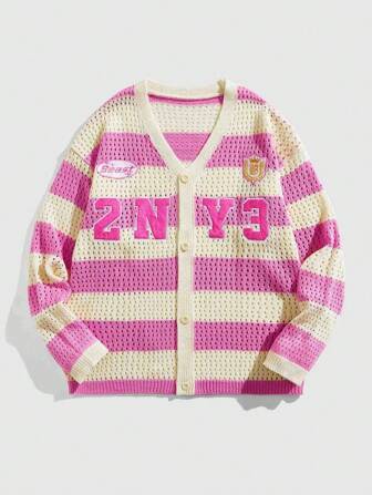Street Life Men's Contrast Stripe Embroidered Loose Cardigan