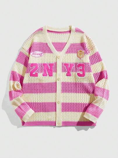 Prep Cárdigan holgado para hombre con rayas de contraste y bordado