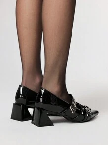 ROMWE Grunge Punk Giày cao gót mũi nhọn thanh lịch bằng da sơn mài - màu đen - Xem 5