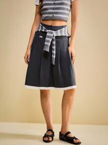 Muvela Váy xếp ly dài vừa phải màu tương phản có túi phong cách học đường cổ điển dành cho nữ, đa năng cho mùa tựu trường vào mùa thu - màu đen - Xem 8