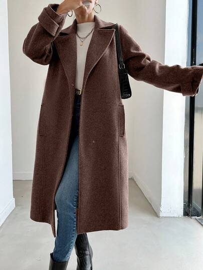 EURMUSE Women's Solid Color Lapel NeckLong Sleeve Loose Long Casual Wool Blend Coat