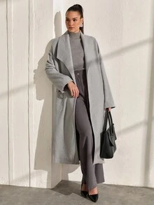 CLARA VERO Women's Solid Color, Belted, Long Overcoat - Grey - View 4