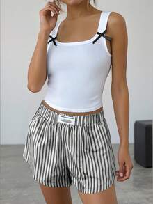 SHEIN Teen Girls Cute/Sweet, Clean Girl Black & White Bow Ribbed Camisole, Striped Shorts Set/Back-To-School Outfit, Cute, Holiday Family Outdoor Spring Picnic Everyday Wear, Suitable For Various Occasions Teen Summer Clothes Set Girls Ribbed Set Cute Sets Teen Girl Short Sets With Tank Top 2 Piece Short Set - Black and White - View 3