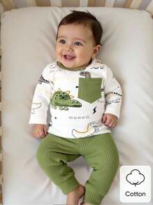 SHEIN 新生男宝宝白坑图案卡通恐龙图案印花拼接绿口袋长袖上衣配绿裤两件套可爱休闲运动时尚新款 - 彩色 - 查看 4