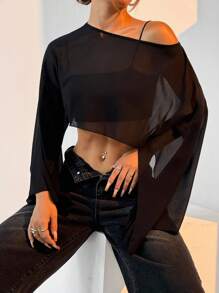 SHEIN EZwear 大码纯色圆领长袖透明简约休闲套头衫 - 黑色 - 查看 6
