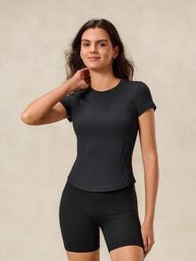 OutZeal Áo tập thể dục nữ màu đen trơn, áo thun tập luyện yoga, áo thường ngày mùa hè xuân, nhanh khô, thiết kế lưới, ôm sát, tay ngắn, áo nén, áo năng động. - màu đen - Xem 10