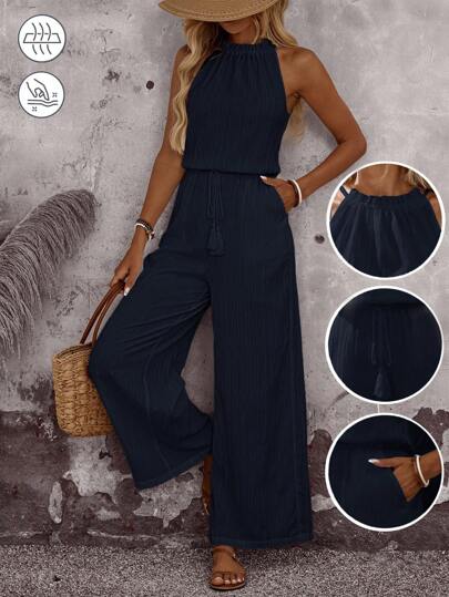 EMERY ROSE Women's Vacation Solid Color Pleated Waist Tassel Tie Pocket Wide Leg Loose Casual Jumpsuit Navy Blue Jumpsuit Women Halter Jumpsuits For Women Women Jumpsuits Summer Casual Jumpsuits For Women Summer Jumpsuits For Women
