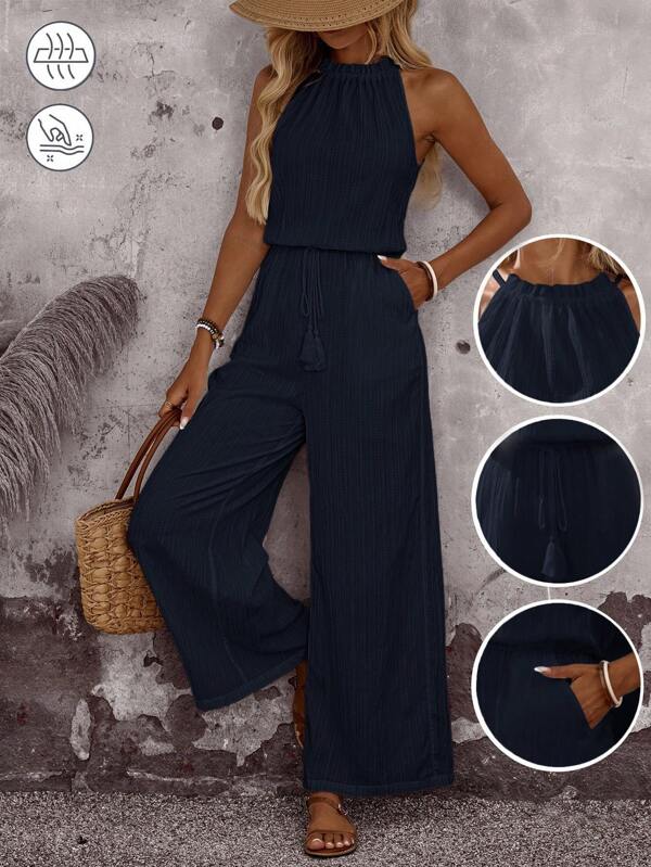 EMERY ROSE Damen Urlaubs Einfarben Plissee Taille Quaste Binden Taschen Weite Bein Locker Lässig Jumpsuit