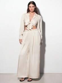 Maija Plus Size Women Summer Casual Work Front Center Strap Long-Sleeved Shirt Set - Beige - View 3