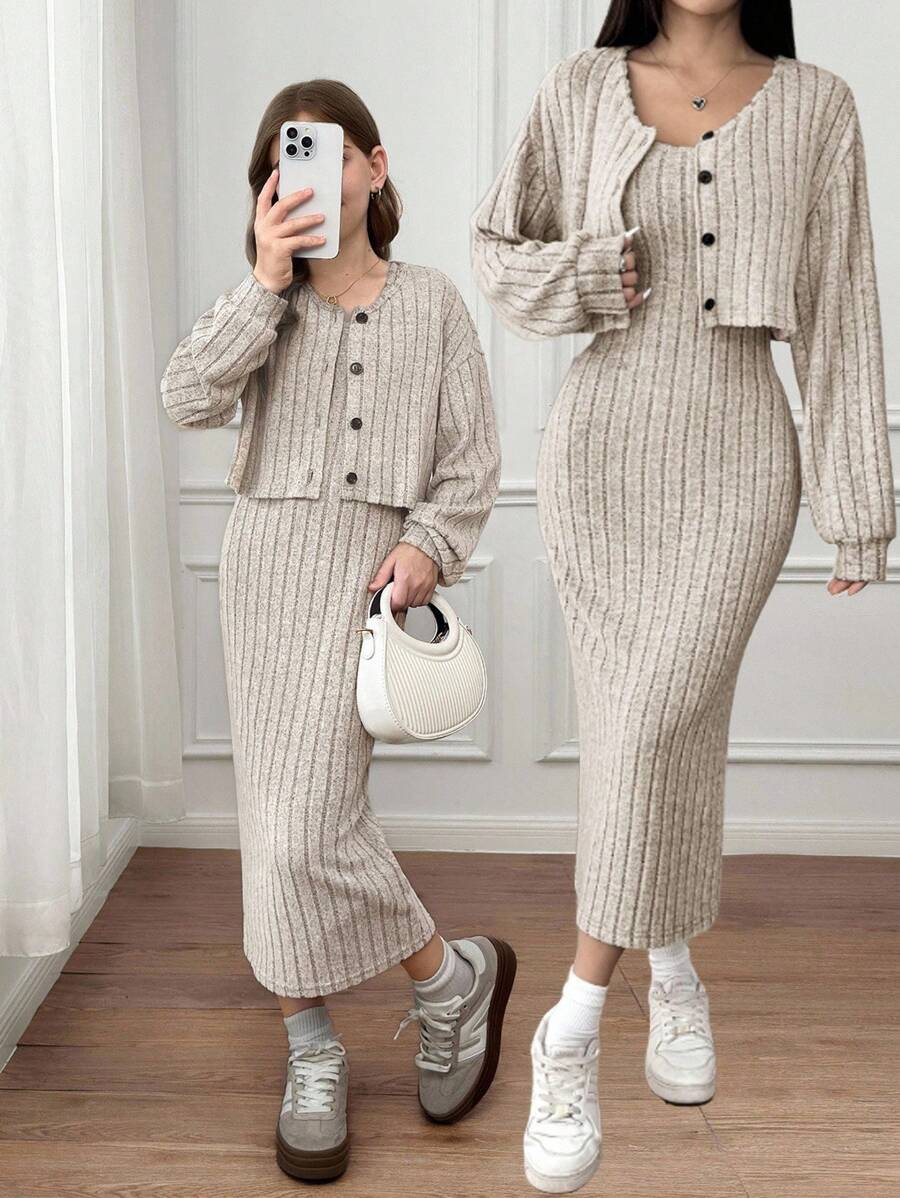 SHEIN Serisse Kids Tween Girl Casual Chic French Elegant Ribbed V-Neck Long Sleeve Fitted Cardigan Jacket With Slim Fit Maxi Dress Set, Suitable For Weekend, Casual Outing, Back To School, Tween Matching Set Knit, Knit Two Piece Set, Casual Two Piece Set, Girls Ribbed Set, Girl Knit Set Fall Winter