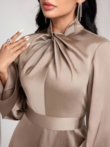 Veilorie 结领、喇叭袖、系带收腰优雅派对连衣裙 - 卡其色 - 查看 6