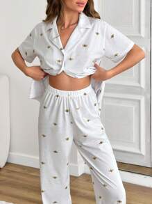 SHEIN Cottnline Women Button Front With Cute Bee&Animal Printed Homwear PJ Set - White - View 4