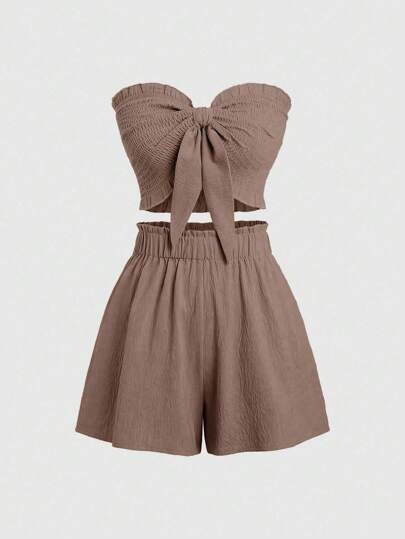 Sweetra 2pcs/Set Solid Color Drawstring Tube Top And Shorts, Casual Set