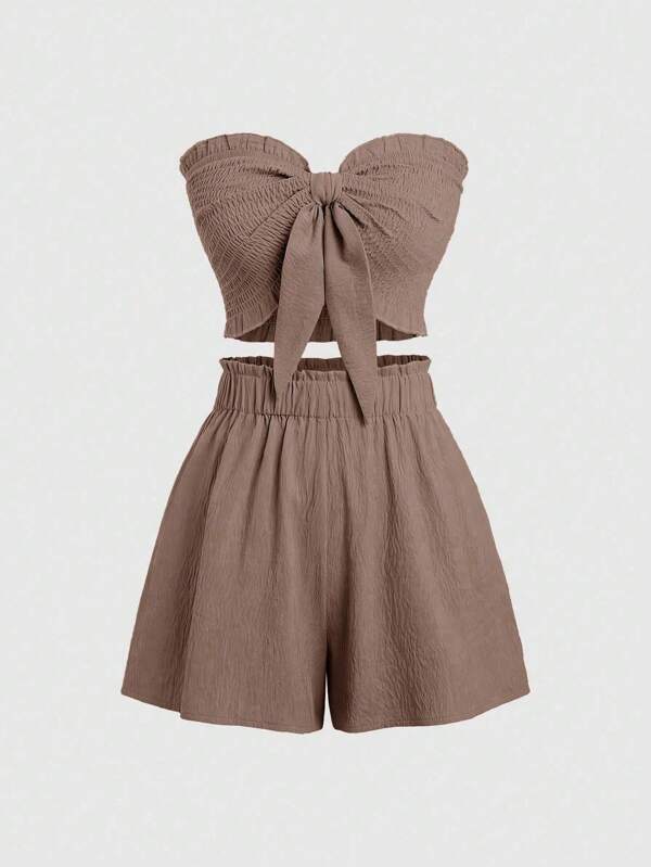 Sweetra 2pcs/Set Solid Color Drawstring Tube Top And Shorts, Casual Set