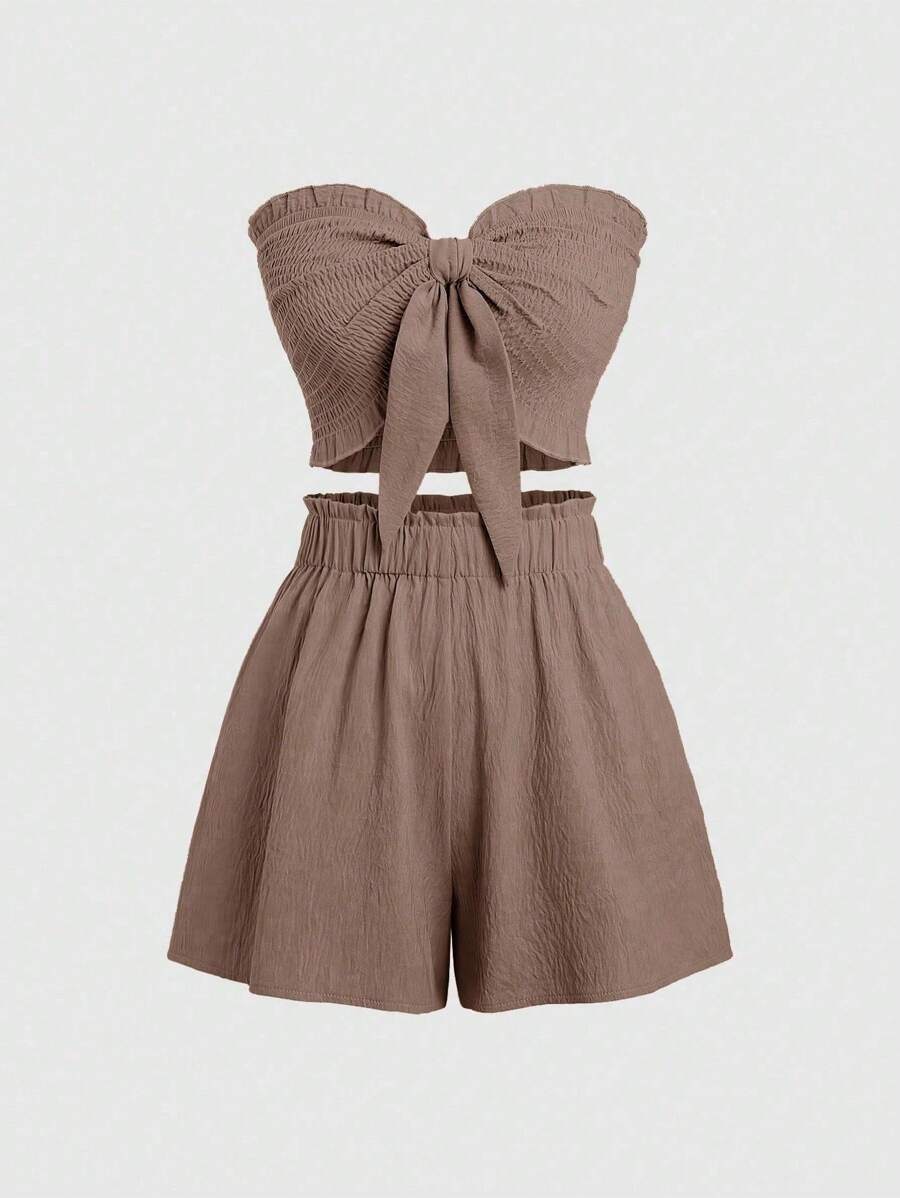 Sweetra 2pcs/Set Solid Color Drawstring Tube Top And Shorts, Casual Set - Camel - View 1