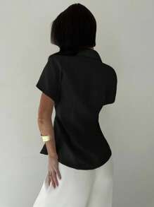 Firerie 女士休闲/办公亚麻束腰短袖西装外套，杏色，秋冬夏季 - 黑色 - 查看 8