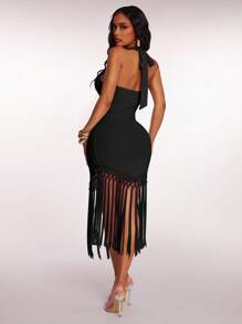 Radiana Women's Summer Boho Apricot Crochet Flowy Tassel Hem Dress, Vacation/Holiday/Beach Outfit - Black - View 3