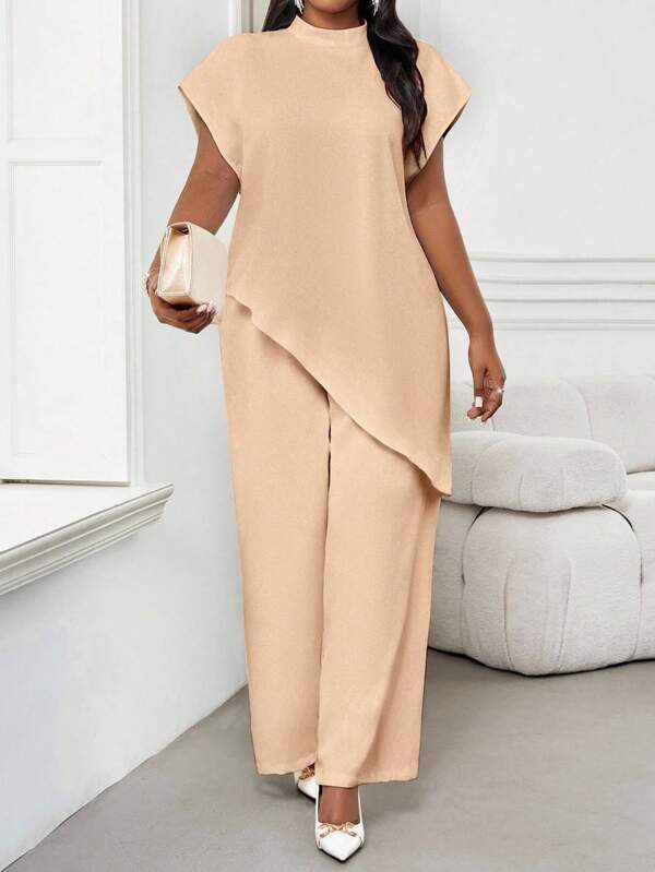 SHEIN Lady 2025 New Plus Size Women Solid Round Neck Batwing Sleeve Loose Asymmetric Hem Elegant Blouse, Valentine's Day New Year Party Beige Classy Elegant Comfortable Top Fall Clothes For Women Beige Two Piece Set Nude Two Piece Set Two Piece Set Women Elegant Modest Two Piece Set Comfortable Two Piece Set