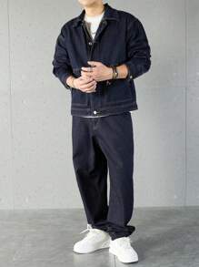 Manfinity Homme Bộ đồ denim nam màu trơn dài tay thường ngày và quần dài, bộ đồ denim nam, bộ đồ denim xanh navy 2 món, quần áo mùa thu - Màu xanh hải quân - Xem 7