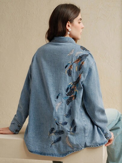 Anewsta Fashionable Women's Pearl Embroidered Blue Denim Shirt