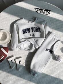 SHEIN 2pcs Baby Boy/Girl Casual Sports Grey Letter Print Long Sleeve Sweatshirt And Pants Tracksuit Set, Autumn/Winter Baby Sweat Outfits Baby Boy Sweat Set Baby Boy Clothes New York Fall