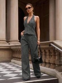 Lavishia Black & White Plaid Tweed V-Neck Sleeveless Buttoned Crop Top + Fitted Straight Leg Pants Women's 2 Pieces Set, Suitable For Early Autumn Commuting - Black - View 7