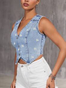 SHEIN BAE 女式简约刺绣无袖牛仔背心 - 淺色水洗藍 - 查看 3
