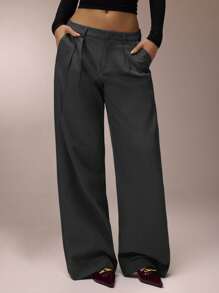 SHEIN Forever 21 夏季新款宽松高腰舒适阔腿女裤 - 灰色 - 查看 4