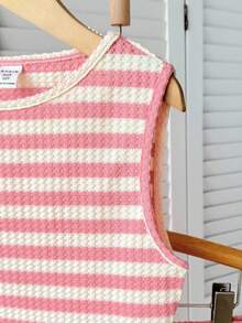 SHEIN 青少年女孩休闲基本款纹理针织无袖上衣和短裤套装 - 粉色 - 查看 3