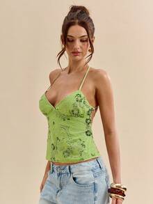 SHEIN BAE 1件女士纯色纹理提花吊带上衣，吊带飘逸上衣，提花上衣，春夏款 - 橄欖綠 - 查看 4