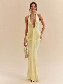 SHEIN BAE 优雅黄色奶油色性感深V领女式连衣裙，春夏季 - 黃色 - 查看 6