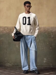 AKNOTIC 男士休闲针织套头衫 - 杏色提花圆领 - 可机洗或干洗 - 厚实摇粒绒针织面料 - 适合秋冬日常穿着 - 杏色 - 查看 5