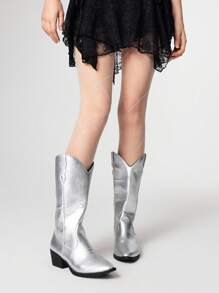 ROMWE Grunge Punk Women's Gothic Punk Rock Silver Pointed Toe V-Cut Western Boots, Chunky Heel Riding Boots, Halloween - Silver - View 2
