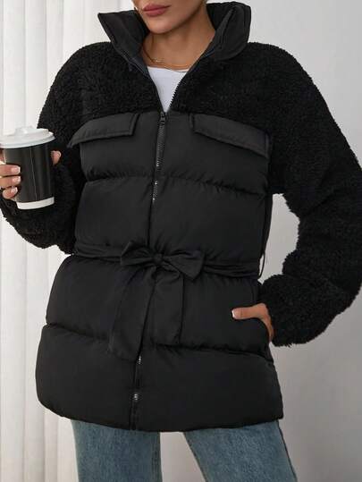 EURMUSE Damen Einfarbiger Teddy Mantel mit elastischen Bündchen, Gürtel und elegantem Design für den Winter