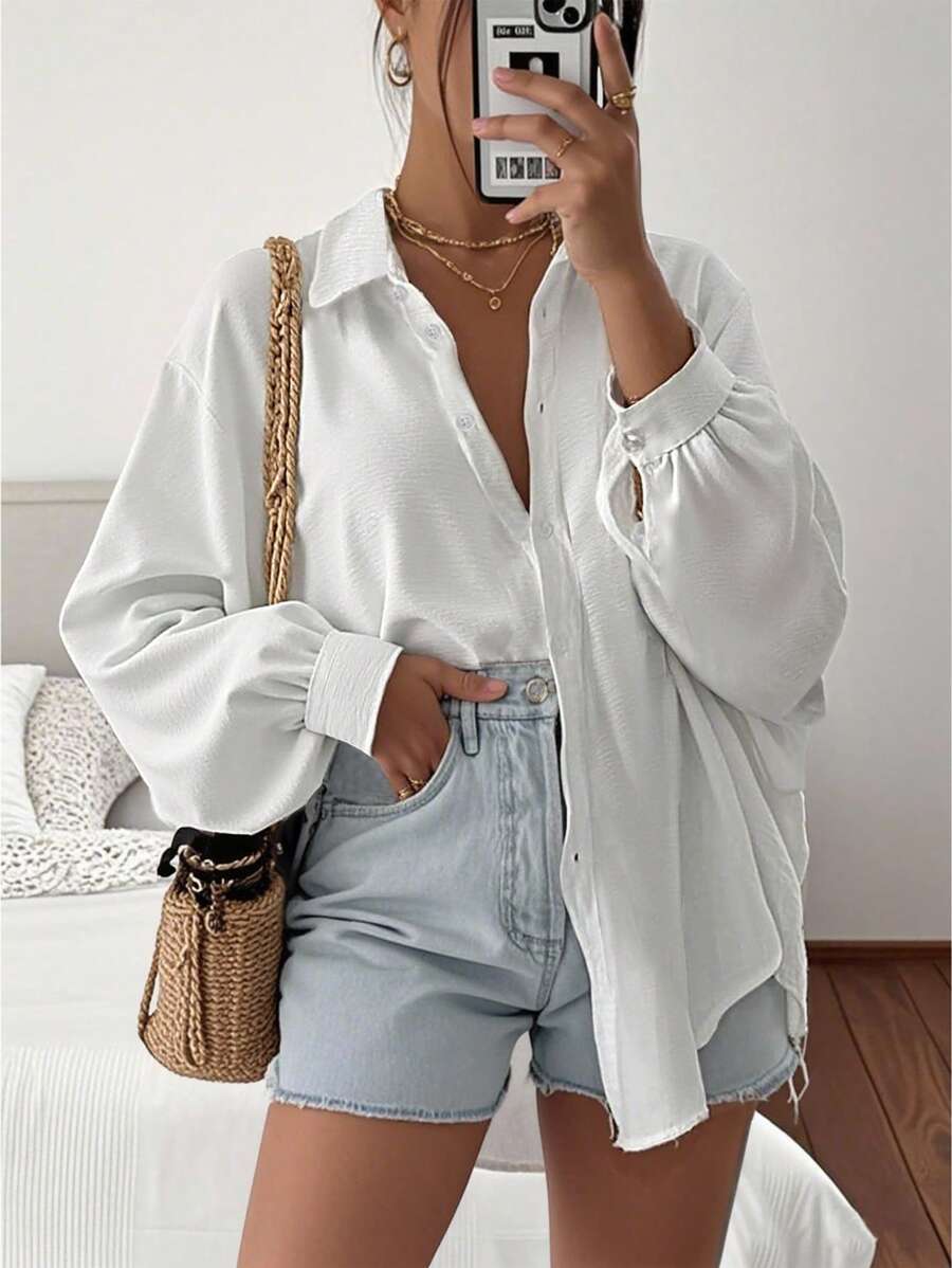 INAWLY Women's Solid Color Dropped Shoulder Long Sleeve Single Breasted Casual Shirt - White - View 1