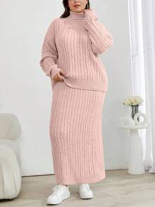Conjunto de dos piezas de suéter de cuello alto de punto de cable y falda