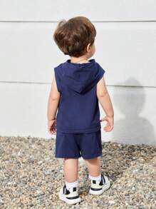 Baby Boy Letter Patched Detail Hooded Tank Top & Drawstring Waist Shorts Plain Baby Boys Setsbaby Boy Summer Sets2 Pcs Set Kids - Navy Blue - View 7