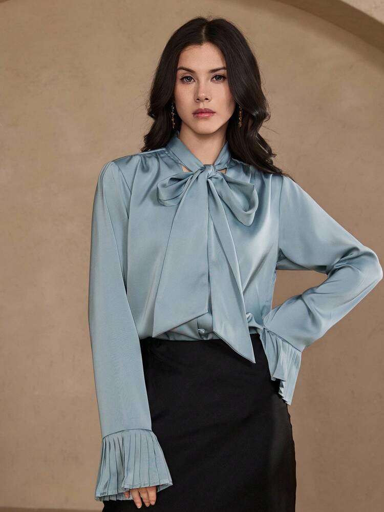 Women's Casual Solid Color Ribbon Collar Shirt, Autumn,Fall Women Clothes Long Sleeve Top