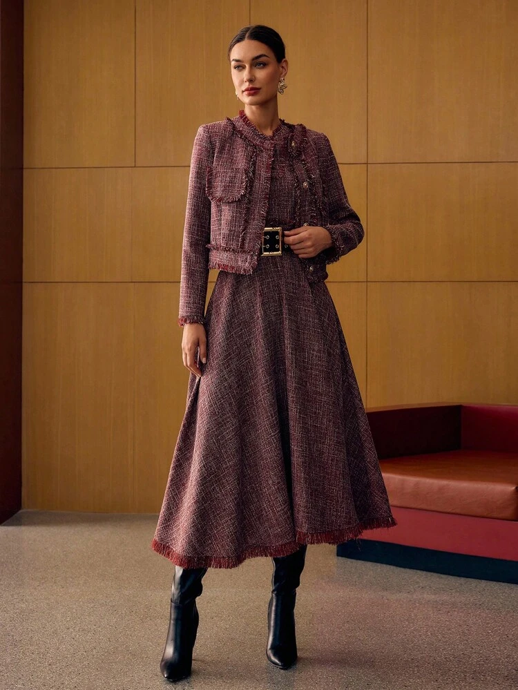 TWEED RAW TRIM LONG A-LINE DRESS, AUTUMN/WINTER
