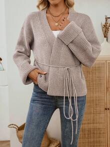 EMERY ROSE Women's Ribbed Knitted Tie-Waist Long Sleeve Cardigan, Tie Front Knitted Cardigan Winter Going Out - Khaki - View 5