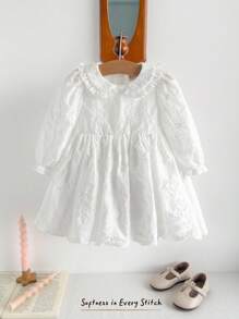 Cozy Pixies Baby Mädchen einfarbiges Kleid mit gesticktem Grafik-Peter-Pan-Kragen, Langarm und Taillenzug