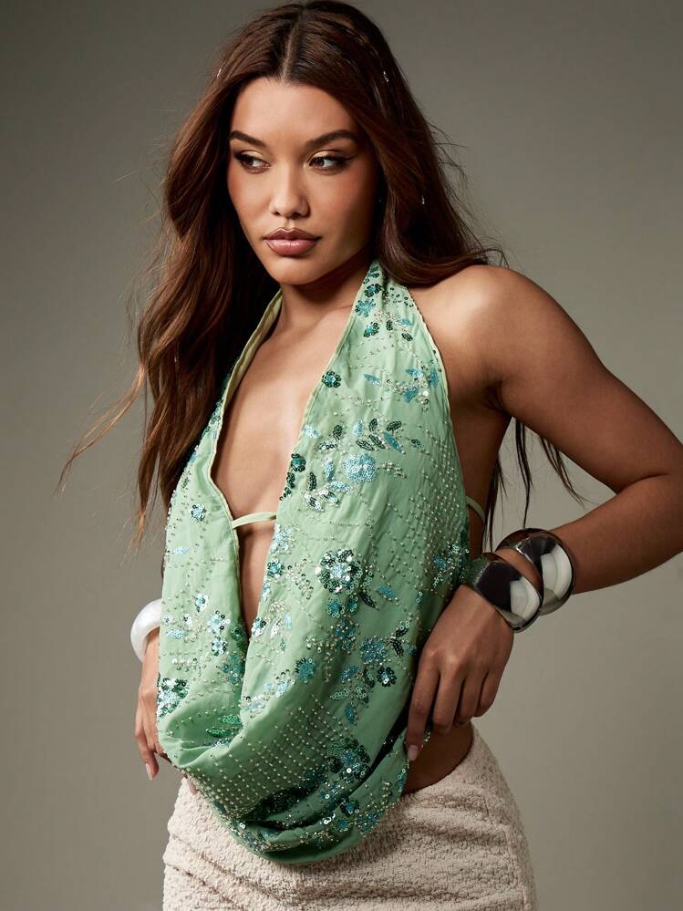 MISSGUIDED Áo hở lưng cổ yếm khoét sâu đính sequin, thích hợp cho mùa hè, lễ hội, tiệc đêm. - Màu xanh ngọc - Xem 5