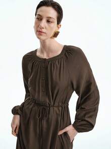 Aalyst 1 件女士优雅简约高端办公室/休闲/假日连衣裙，立领，插肩袖，褶皱，半开襟，抽绳腰带，口袋，宽松版型，中长款，咖啡棕色 - 咖啡 - 查看 6