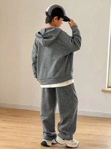 SHEIN 2 件套青少年男孩休闲学院风宽松灰色连帽运动衫和运动裤套装，适合学校、家居、日常穿着、运动、百搭且简约 - 灰色 - 查看 3