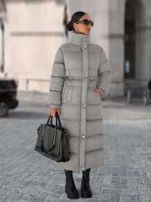EURMUSE 腰部拉链抽绳长款棉服外套 - 灰色 - 查看 4